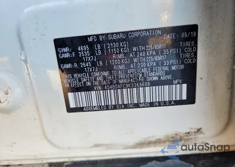 2019 Subaru Outback 2.5I Premium z USA, uszkodzony, nr VIN 4S4BSAFC9K3369608